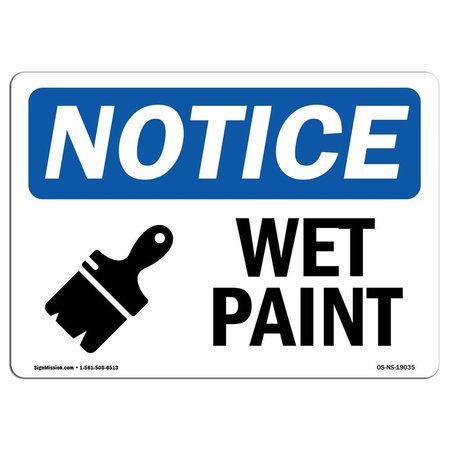 SIGNMISSION Safety Sign, OSHA Notice, 10" Height, Rigid Plastic, Wet Paint Sign With Symbol, Landscape OS-NS-P-1014-L-19035
